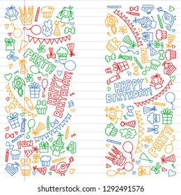 Vector pattern for birthday party for little kindergarten, school children. Kids drawing doodle style