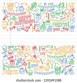 Vector pattern for birthday party for little kindergarten, school children. Kids drawing doodle style
