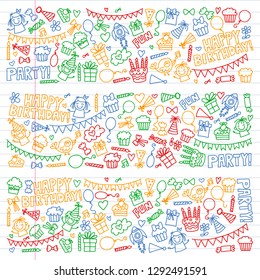 Vector pattern for birthday party for little kindergarten, school children. Kids drawing doodle style