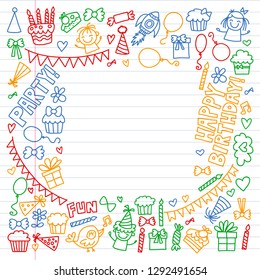 Vector pattern for birthday party for little kindergarten, school children. Kids drawing doodle style