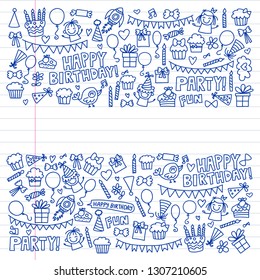Vector pattern for birthday party for little kindergarten, school children. Kids drawing doodle style