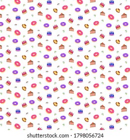 Vector pattern with birthday vibes. Vector pattern with cakes, doughnut, teas, coffees, pudding. Cute food pattern. Cute wrapping paper. Fashion pattern for print, wrapping paper.