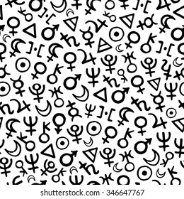 Vector pattern with black astrological symbols of planets and elements on white background. Seamless pattern can be used for wallpaper, pattern fills, web page background,surface textures.