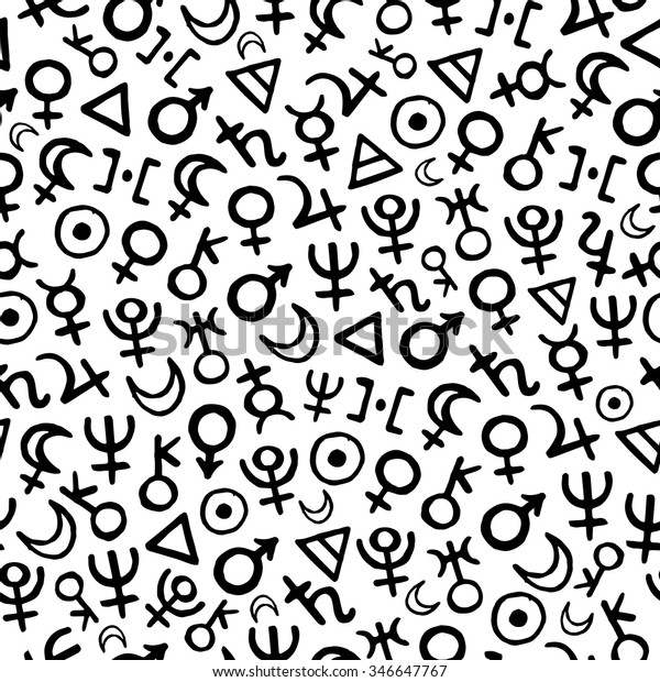Vector pattern with black astrological symbols\
of planets and elements on white background. Seamless pattern can\
be used for wallpaper, pattern fills, web page background,surface\
textures.