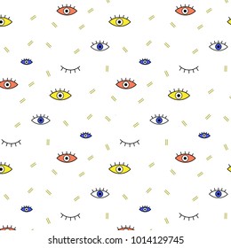 Vector pattern with black, blue, pink yellow eyes and blue line on white background