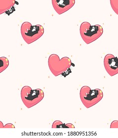 
vector pattern of black cats sleeping on pink hearts. cute print of postcard, packaging, textile for valentine's day