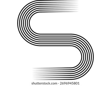 Padrão de vetor de linhas paralelas curvas em preto em um plano de fundo branco em estilo retrô. Elemento de design de esportes para publicidade, embalagem, capas, impressão. Fundo do vetor. Letra S. Local do texto