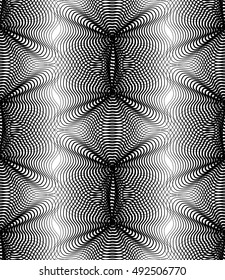Vector pattern with black graphic lines, kaleidoscope abstract background with overlay ornament. Monochrome illusive seamless backdrop, can be used for graphic design.