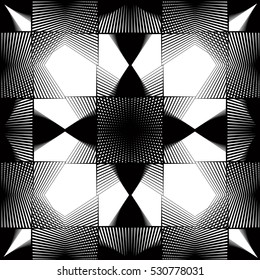 Vector pattern with black graphic lines, kaleidoscope abstract background with overlay ornament. Monochrome illusive seamless backdrop, can be used for graphic design.