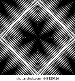 Vector pattern with black graphic lines, kaleidoscope abstract background with overlay ornament. Monochrome illusive seamless backdrop, can be used for graphic design.