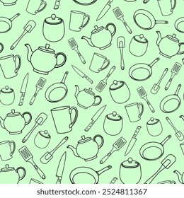 Vector pattern with black linear kettle frying pan cooking utensils on green background