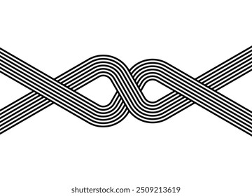 Vector pattern of black parallel lines on a white background in retro style. Black and white vector background. Interwoven striped ribbons. Ribbon. Design element.