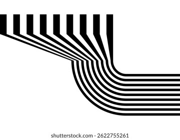 Vector pattern of black parallel lines on a white background in retro style. Modern design element. Vector background. Three-dimensional shape, Perspective. 3d, stand, corner