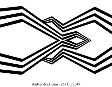 Vector pattern of black parallel retro lines on a white background. Symmetrical Polygonal Design Element. Sporty Vector Background for Covers, Advertising, Packaging. Intertwined Ribbons