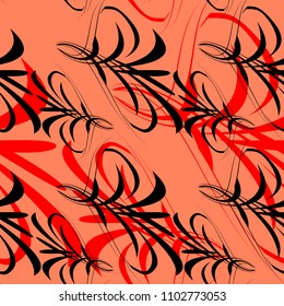 Vector pattern of black and red lines and hieroglyphs for backgrounds on a solid background in Japanese style. For paper and fabrics.
