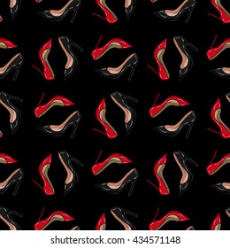 vector   pattern with  black and red shoes  on black background