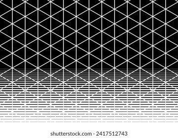 Vector pattern of black triangles. . Optical distortion. Deformation of space. Striped Geometric vector background. Grid