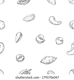 Vector  pattern. Black and white background of different nuts. Background of delicious hazelnuts, cashews, almonds, peanuts, cocoa. The pattern is suitable for fabrics, textiles.