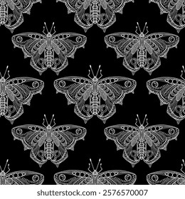 Vector pattern of black and white pattern. Intricate zentangle design with lace elements. Seamless butterfly lace pattern. Romantic pattern, imitation lace. Gothic embroidery. Luxurious baroque.