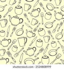 Vector pattern with black and white linear kettle, frying pan, cooking utensils on yellow background