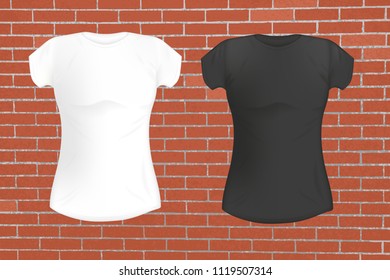 vector pattern black and white women's t-shirt on red brick wall background. mocap for clothing design