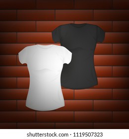 vector pattern black and white women's t-shirt on brick wall background with shadow. mocap for clothing design