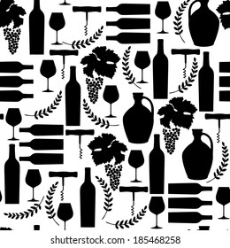 Vector  pattern with black Wine illustrations silhouettes. Seamless wine background