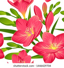 
Vector pattern with blooming freesias and green buds