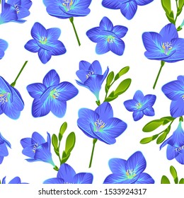 Vector pattern with blooming freesias and green buds	