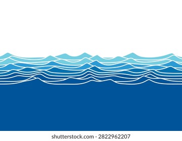 Vector pattern of blue and azure waves on a white background. Sea waves. Liquid, water, ocean. Storm. Design element. Border, stripe. Divided Vector background for covers, advertising, packaging, interior decor, promotion.