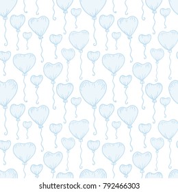 Vector pattern with blue balloons on white. Happy St.Valentine's Day. Good for Valentines Day, wedding invitation and other. Seamless pattern with flying blue balloons in the shape of a heart.