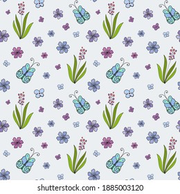 Vector pattern with blue butterflies and flowers in doodle style. Childrens design for clothes, scrapbooking postcards, covers. Delicate fun design.