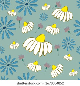 vector pattern with blue daisies on a white background, background for banners, covers, printing, summer floral theme