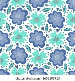 
Vector pattern with blue flowers on a white background for fabric or gift paper.