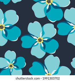 Vector pattern with blue forget-me-not flowers on a dark blue background. Forget-me-not is tender. Pattern for printing wallpapers, fabrics, pajamas and other decoration. 