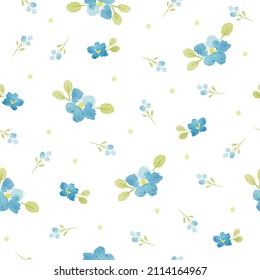 Vector pattern with blue forget-me-not flowers on a transparent background. Cute pattern with flowers drawn in watercolors