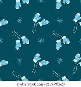 Vector pattern with blue knitted mittens and snowflakes, Christmas in cartoon style, symbol of the year, winter pattern for postcards, decoration, gift wrapping