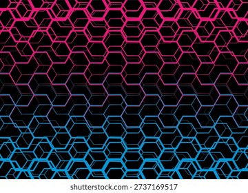 Vector pattern of blue and purple thin lines on a black background. Abstract honeycombs. Modern vector background for covers, advertising, packaging, textiles, interior. Smooth transition. Lace, mesh, netting. Decorative ornament.