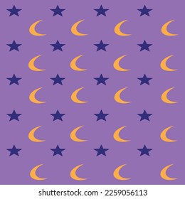 Patrón vectorial de estrellas azules y lunas amarillas. Fondo estelar sobre un fondo morado. 