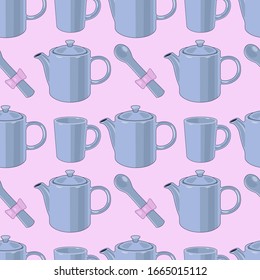 Vector pattern with blue tea pots and cups