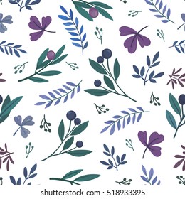 Vector pattern with blue and violet flowers and leaves, berries and branch on white background. Illustration in kids style.