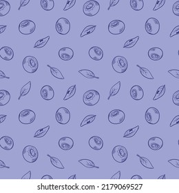 Vector pattern with blueberries. Blueberry berries with twigs of leaves in a hand-drawn style. A sketch with a black line, a collection of berries on a blue background. Botanical illustration
