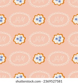 Vector pattern with blueberry and butter cookies and jam letters. cream vintage pattern