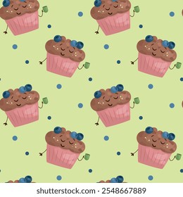 Vector pattern with blueberry muffin drinking tea