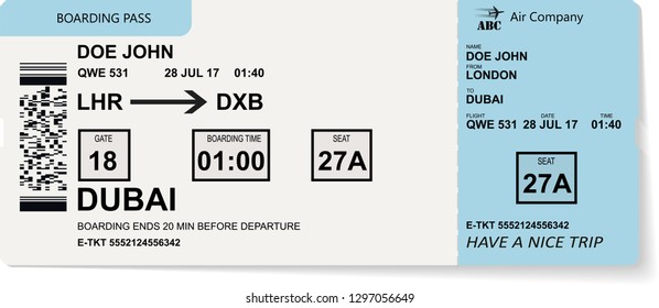 Vector pattern of a boarding pass and air ticket. Realistic variant of airplane ticket. Concept for travel by airplane.