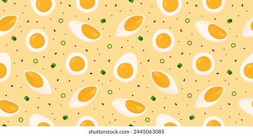 Vector pattern with boiled egg slices and halves
