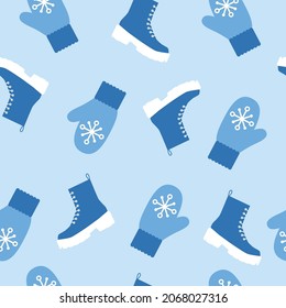 vector pattern of boots, mittens. flat image of a pattern with warm boots with knitted mittens