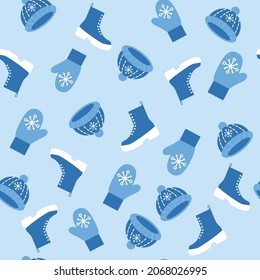 vector pattern of boots, mittens and hats. flat image of a pattern with warm boots with a knitted hat and mittens