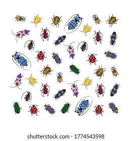 Vector pattern, border with colorful bugs. Bright handdrawing of small and big beetles. Insects isolated on the white background. Cartoon cute bugs wallpaper.