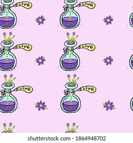 Vector pattern with a bottle with purple flowers violets. Doodle concept is suitable for clothes for home, sleep, children and women